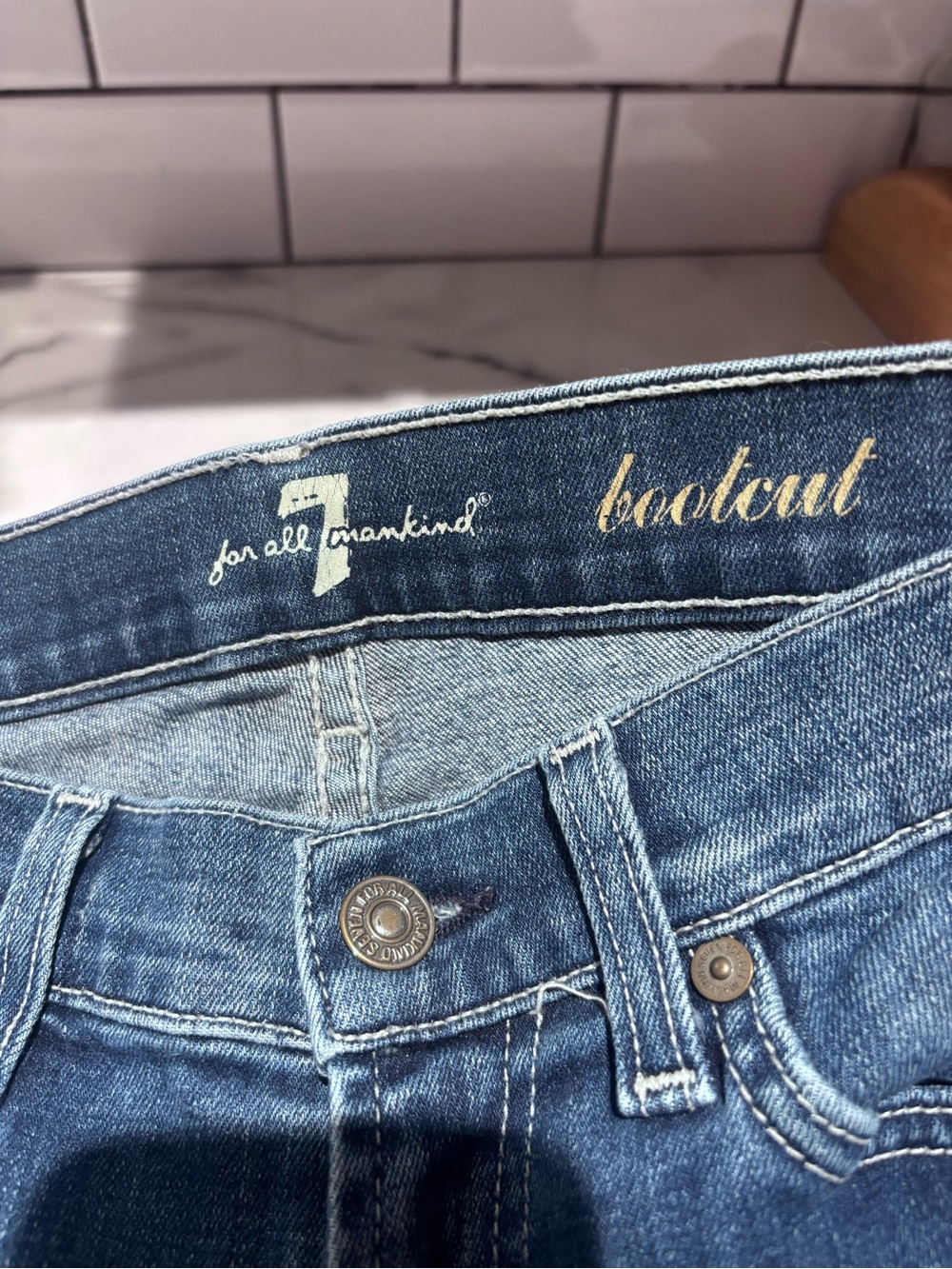 7 For All Mankind Medium Blue Flare Jeans with Raw Hem - Picture 3 of 5